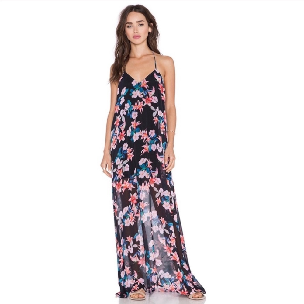 Show Me Your MuMu Black Halter Erlyn Floral Maxi Slip Dress with Sheer B…